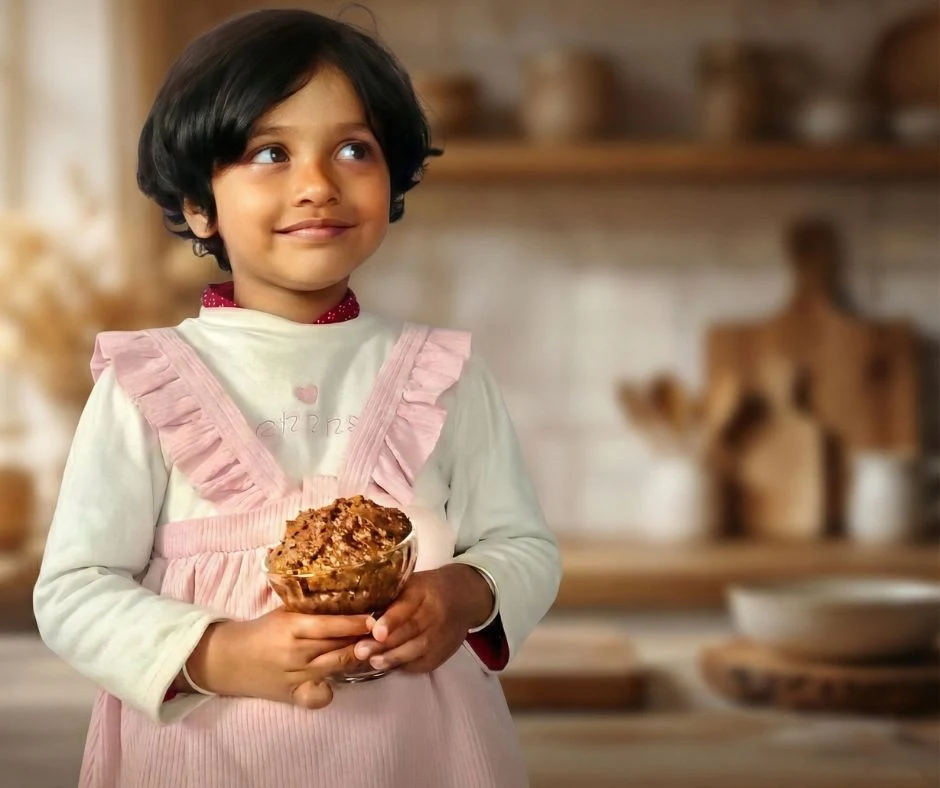 Child model holding a bowl of Paustik Masala in a kitchen