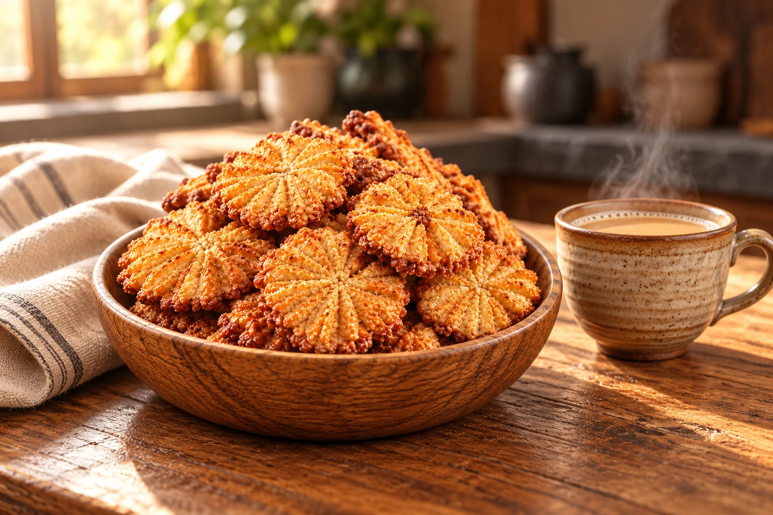 Flower-patterned Khajuri with a steaming cup of tea in a warm kitchen
