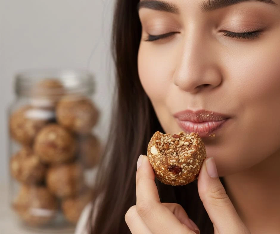A model enjoying a dry-fruit laddu